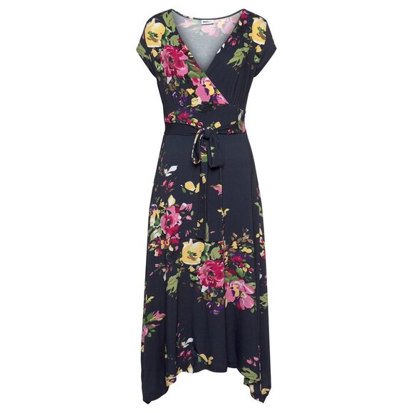 Venus Lascana Dress Medium Floral Handkerchief Hem Tie Waist Tropical Resort - Picture 2 of 11